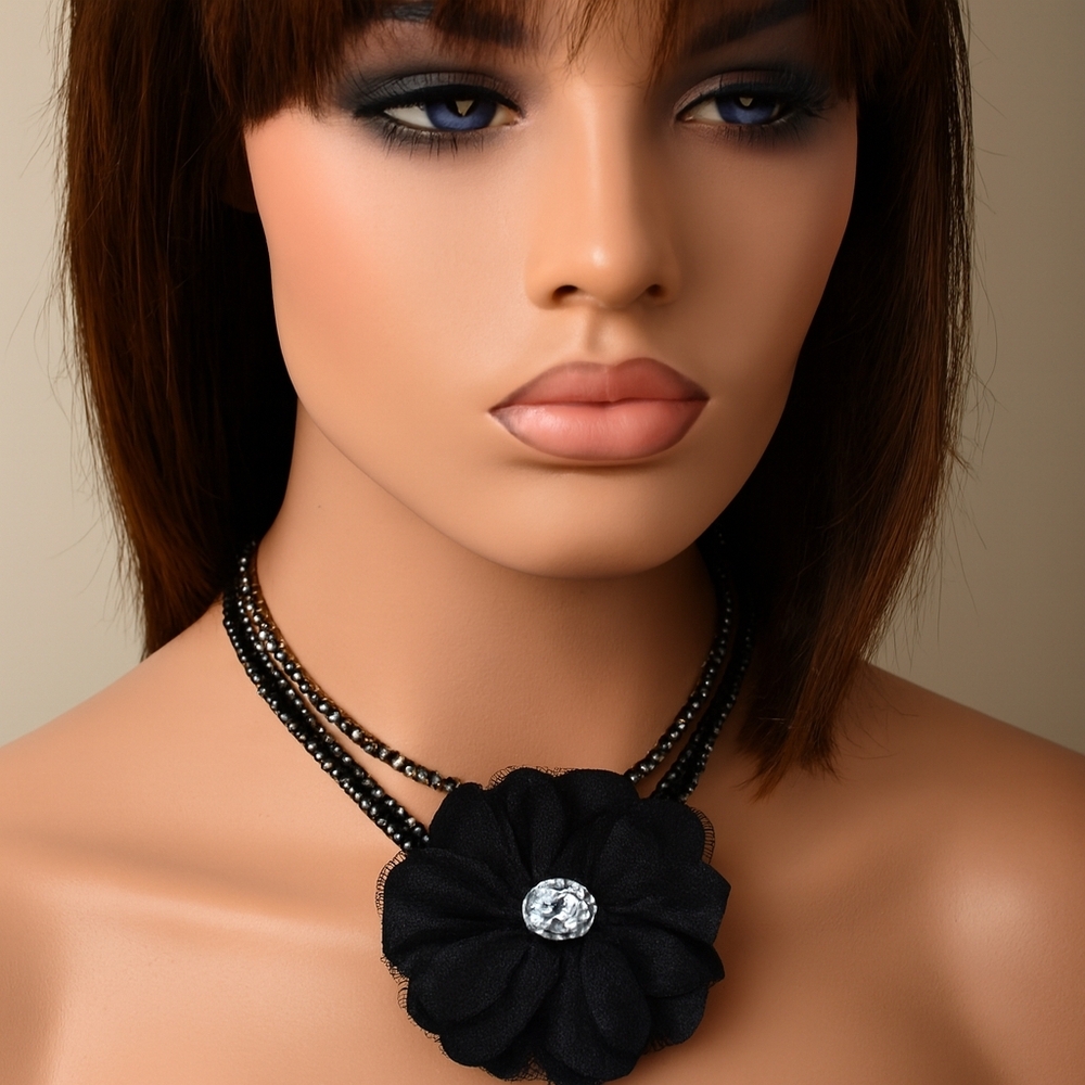 Polished Layered of Black Metal Crystal & Black Flower Design Brooch Necklace